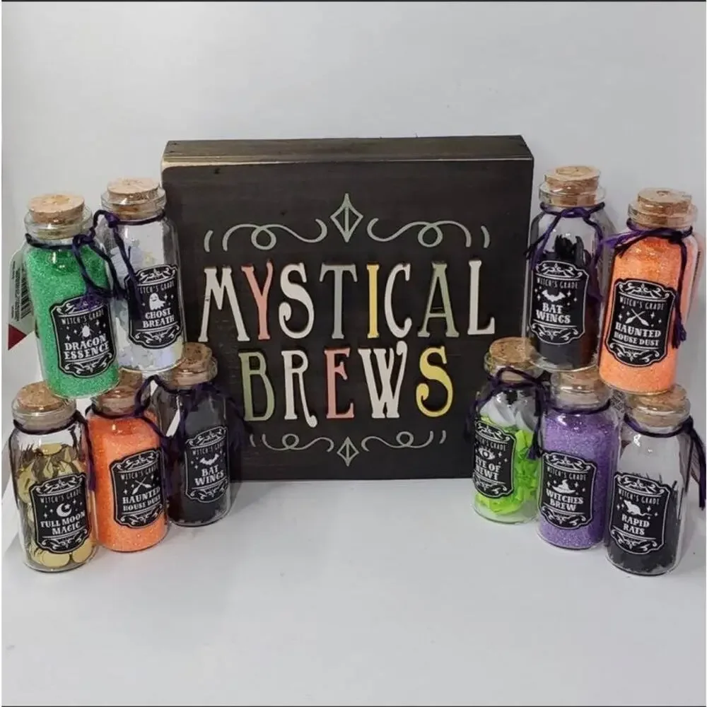 Mystical Brews Sign & 10 Mini Target Bullseye Glass Potion Bottles Complete Set